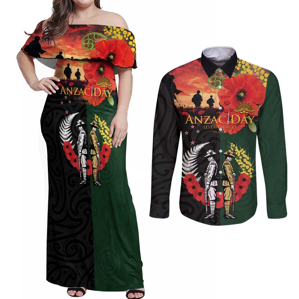 New Zealand and Australia ANZAC Day Couples Matching Off Shoulder Maxi Dress and Long Sleeve Button Shirt Lest We Forget Indigenous and Maori Pattern LT03 Multicolor - Polynesian Pride