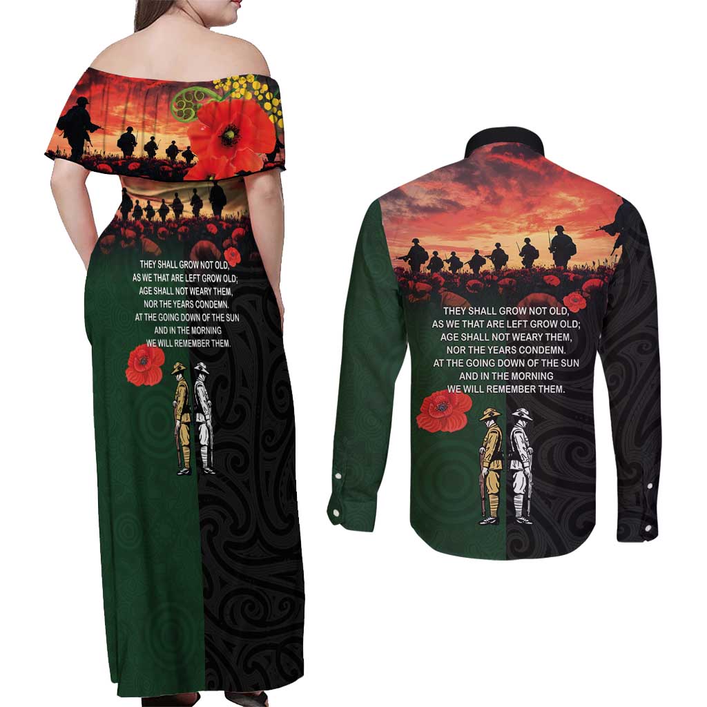 New Zealand and Australia ANZAC Day Couples Matching Off Shoulder Maxi Dress and Long Sleeve Button Shirt Lest We Forget Indigenous and Maori Pattern LT03 - Polynesian Pride