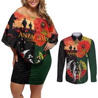 New Zealand and Australia ANZAC Day Couples Matching Off Shoulder Short Dress and Long Sleeve Button Shirt Lest We Forget Indigenous and Maori Pattern LT03 Multicolor - Polynesian Pride