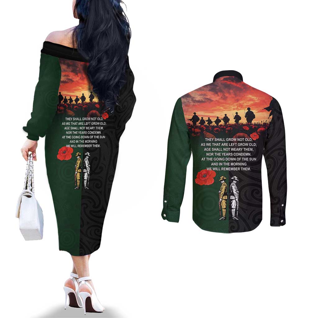 New Zealand and Australia ANZAC Day Couples Matching Off The Shoulder Long Sleeve Dress and Long Sleeve Button Shirt Lest We Forget Indigenous and Maori Pattern LT03 - Polynesian Pride