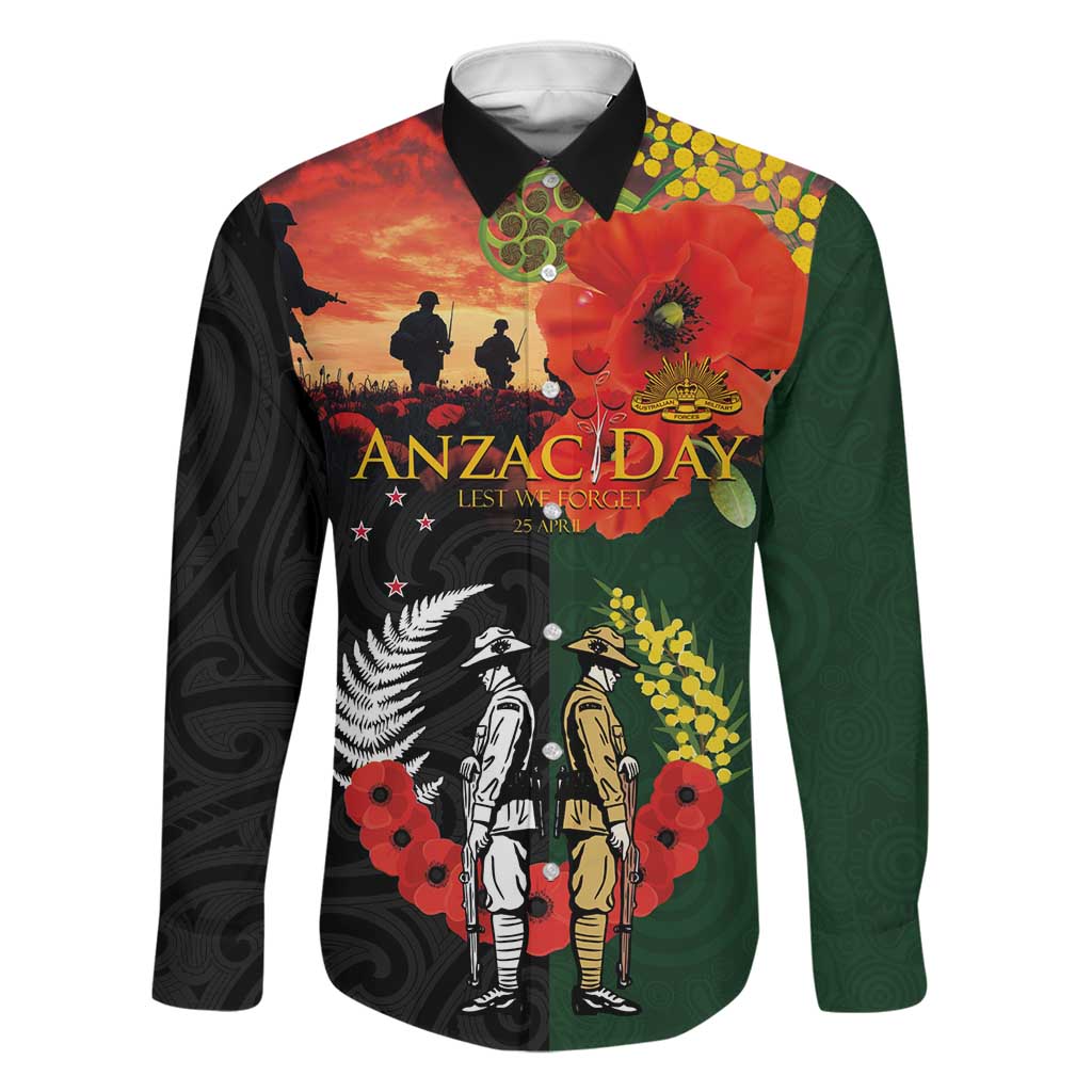 New Zealand and Australia ANZAC Day Family Matching Off Shoulder Maxi Dress and Hawaiian Shirt Lest We Forget Indigenous and Maori Pattern LT03 Dad's Shirt - Long Sleeve Multicolor - Polynesian Pride