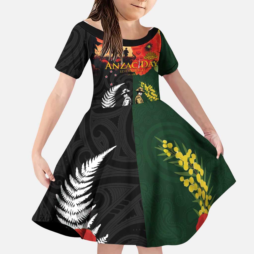 New Zealand and Australia ANZAC Day Family Matching Puletasi and Hawaiian Shirt Lest We Forget Indigenous and Maori Pattern LT03 Daughter's Dress Multicolor - Polynesian Pride