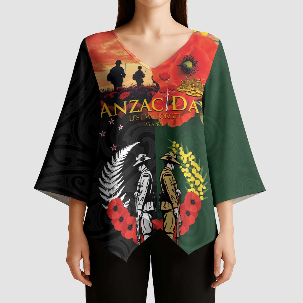 New Zealand and Australia ANZAC Day Kimono Sleeve Blouse Lest We Forget Indigenous and Maori Pattern