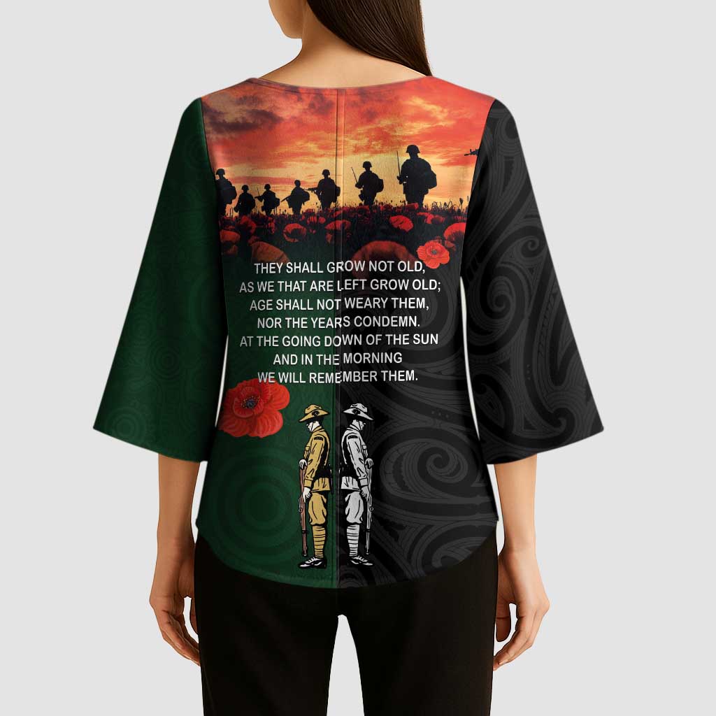 New Zealand and Australia ANZAC Day Kimono Sleeve Blouse Lest We Forget Indigenous and Maori Pattern