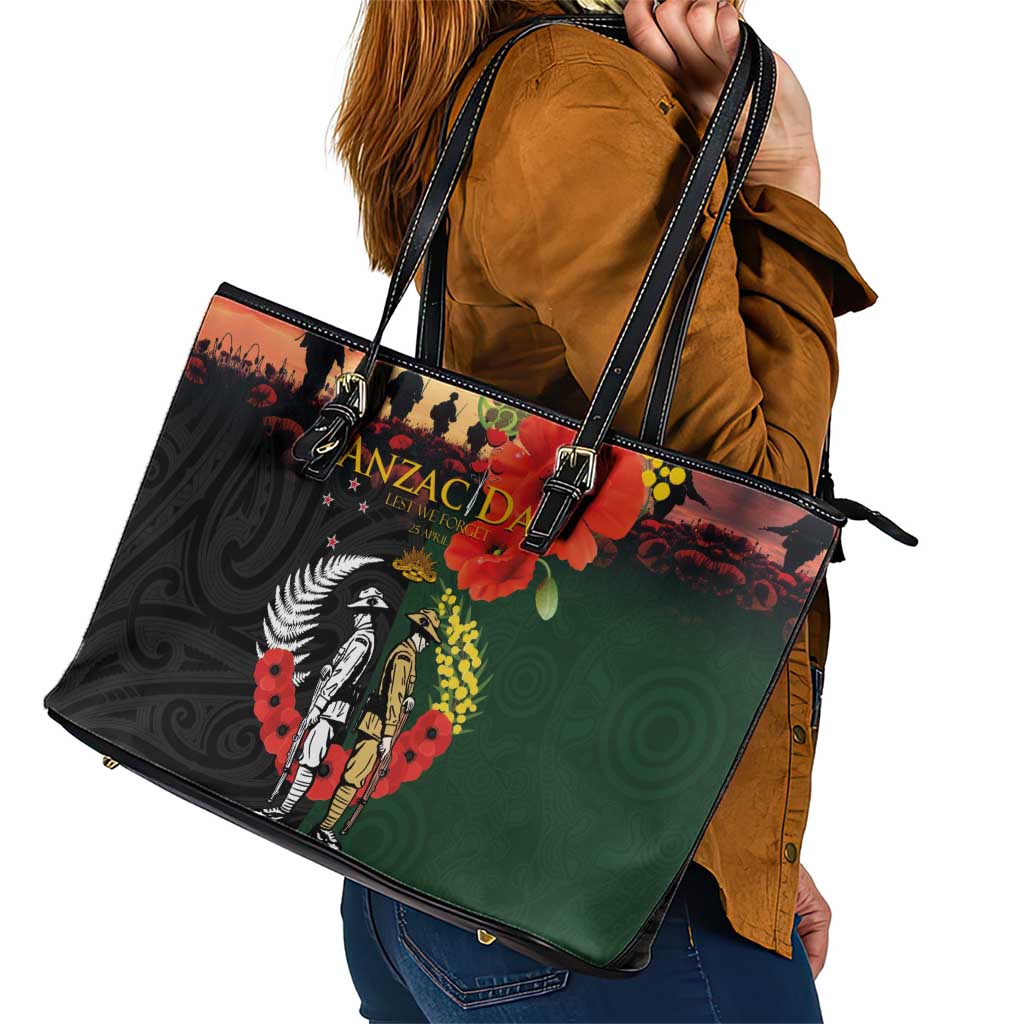 New Zealand and Australia ANZAC Day Leather Tote Bag Lest We Forget Indigenous and Maori Pattern