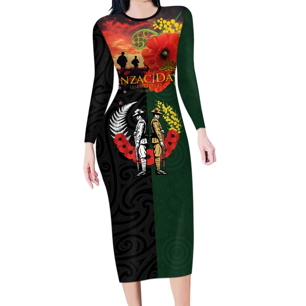 New Zealand and Australia ANZAC Day Long Sleeve Bodycon Dress Lest We Forget Indigenous and Maori Pattern LT03 Long Dress Multicolor - Polynesian Pride