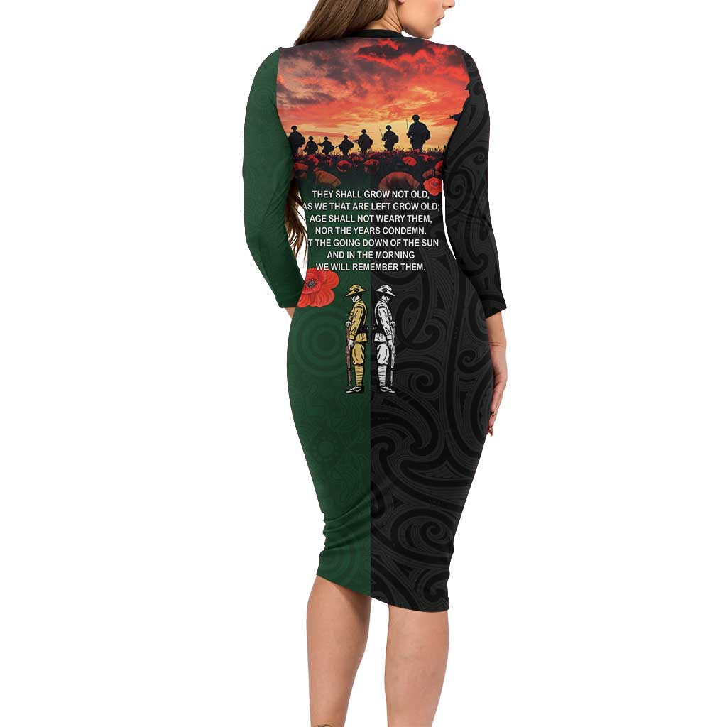 New Zealand and Australia ANZAC Day Long Sleeve Bodycon Dress Lest We Forget Indigenous and Maori Pattern LT03 - Polynesian Pride