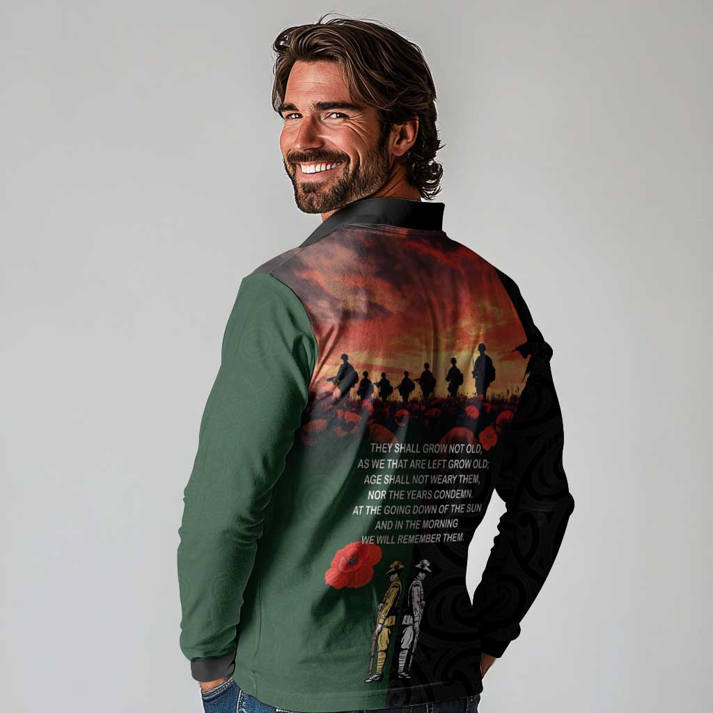 New Zealand and Australia ANZAC Day Long Sleeve Polo Shirt Lest We Forget Indigenous and Maori Pattern LT03 - Polynesian Pride
