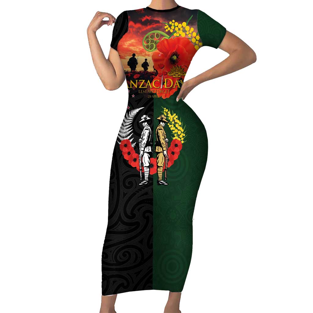 New Zealand and Australia ANZAC Day Short Sleeve Bodycon Dress Lest We Forget Indigenous and Maori Pattern LT03 Long Dress Multicolor - Polynesian Pride