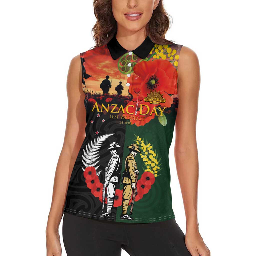 New Zealand and Australia ANZAC Day Women Sleeveless Polo Shirt Lest We Forget Indigenous and Maori Pattern LT03 - Polynesian Pride