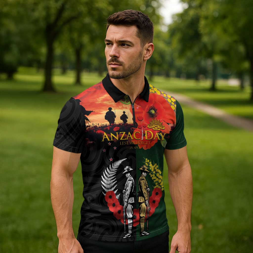 New Zealand and Australia ANZAC Day Zipper Polo Shirt Lest We Forget Indigenous and Maori Pattern LT03 - Polynesian Pride