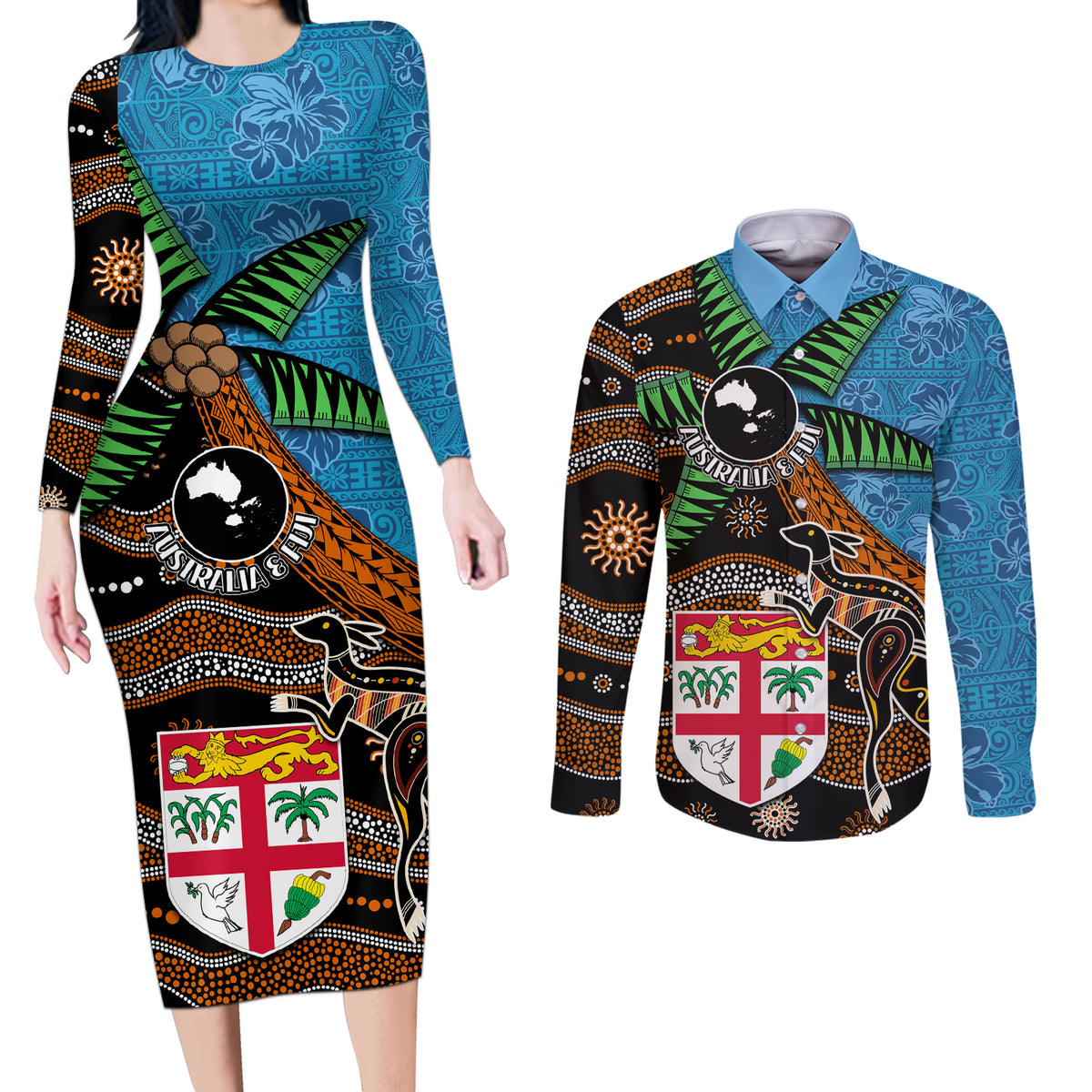 Fiji and Australia Couples Matching Long Sleeve Bodycon Dress and Long Sleeve Button Shirt Fijian and Aboriginal mix Culture LT03 Blue - Polynesian Pride
