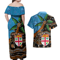 Fiji and Australia Couples Matching Off Shoulder Maxi Dress and Hawaiian Shirt Fijian and Aboriginal mix Culture LT03 - Polynesian Pride
