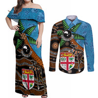 Fiji and Australia Couples Matching Off Shoulder Maxi Dress and Long Sleeve Button Shirt Fijian and Aboriginal mix Culture LT03 Blue - Polynesian Pride