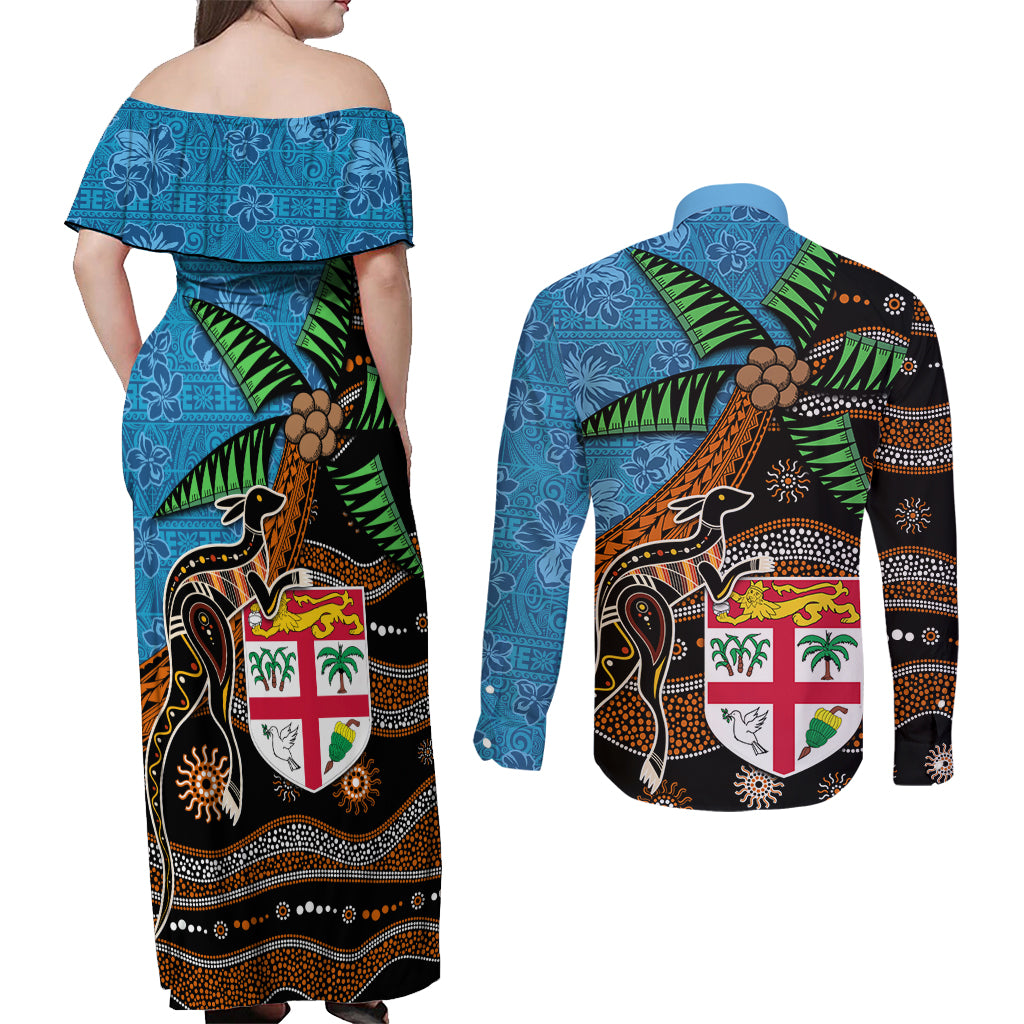 Fiji and Australia Couples Matching Off Shoulder Maxi Dress and Long Sleeve Button Shirt Fijian and Aboriginal mix Culture LT03 - Polynesian Pride