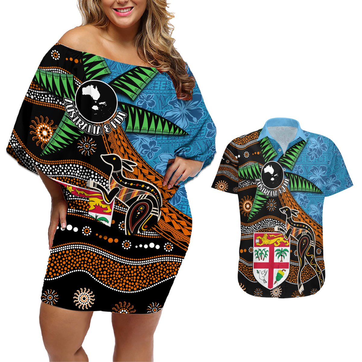 Fiji and Australia Couples Matching Off Shoulder Short Dress and Hawaiian Shirt Fijian and Aboriginal mix Culture LT03 Blue - Polynesian Pride