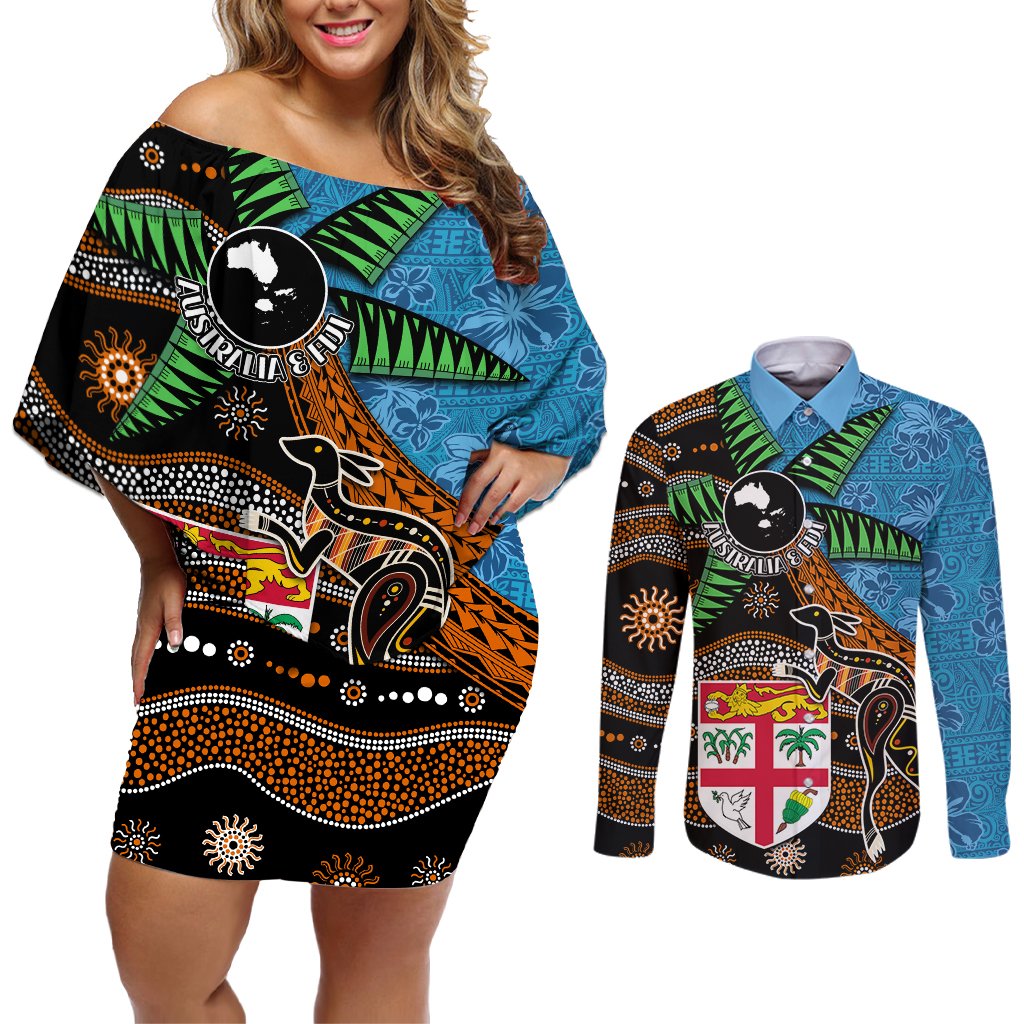 Fiji and Australia Couples Matching Off Shoulder Short Dress and Long Sleeve Button Shirt Fijian and Aboriginal mix Culture LT03 Blue - Polynesian Pride