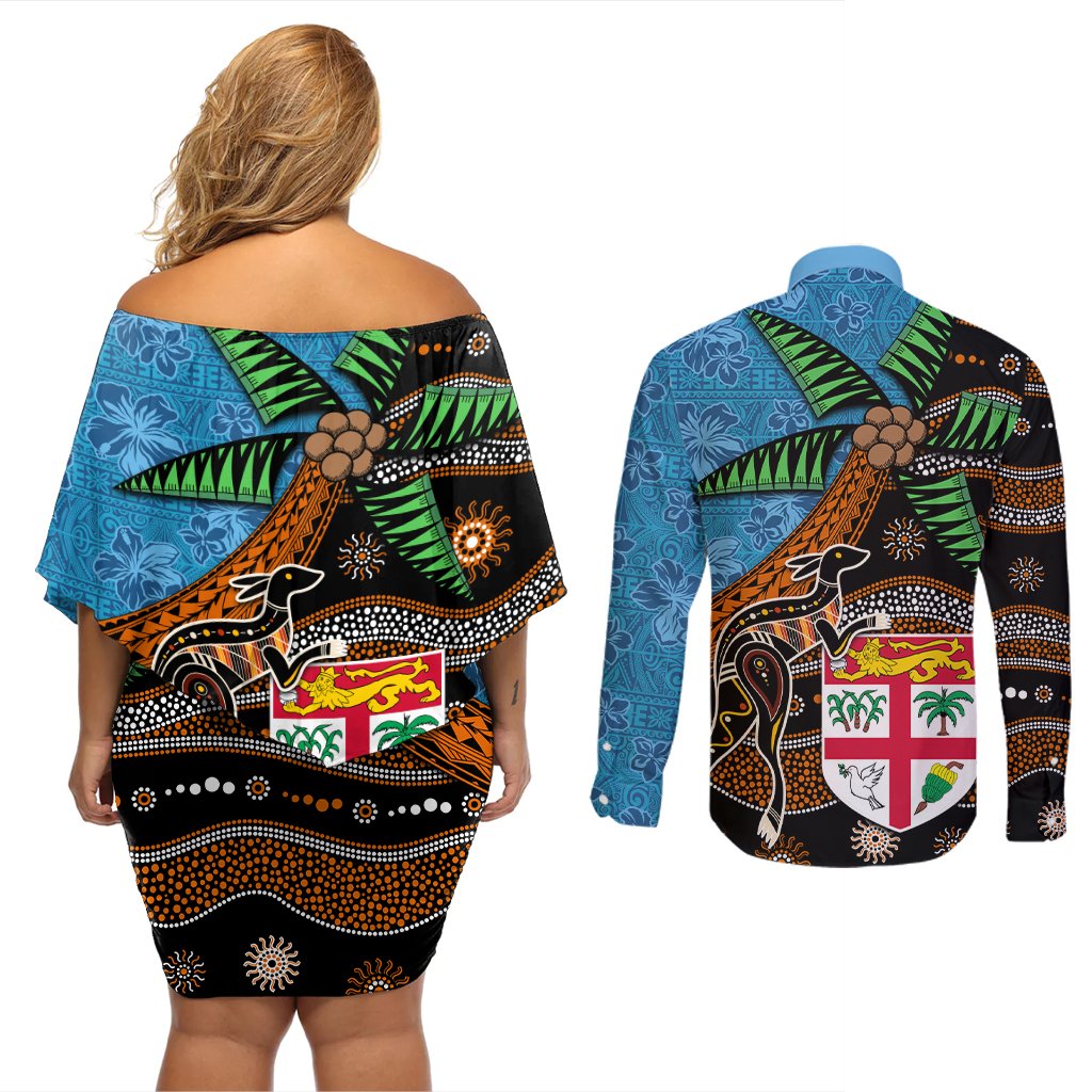 Fiji and Australia Couples Matching Off Shoulder Short Dress and Long Sleeve Button Shirt Fijian and Aboriginal mix Culture LT03 - Polynesian Pride