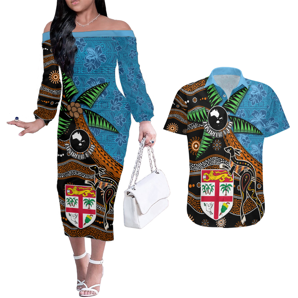 Fiji and Australia Couples Matching Off The Shoulder Long Sleeve Dress and Hawaiian Shirt Fijian and Aboriginal mix Culture LT03 Blue - Polynesian Pride