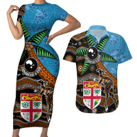 Fiji and Australia Couples Matching Short Sleeve Bodycon Dress and Hawaiian Shirt Fijian and Aboriginal mix Culture LT03 Blue - Polynesian Pride