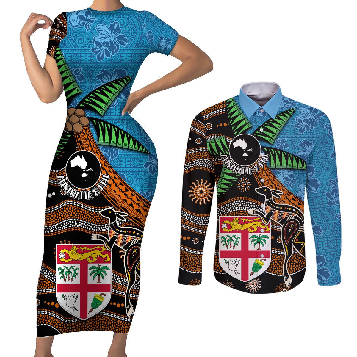 Fiji and Australia Couples Matching Short Sleeve Bodycon Dress and Long Sleeve Button Shirt Fijian and Aboriginal mix Culture LT03 Blue - Polynesian Pride