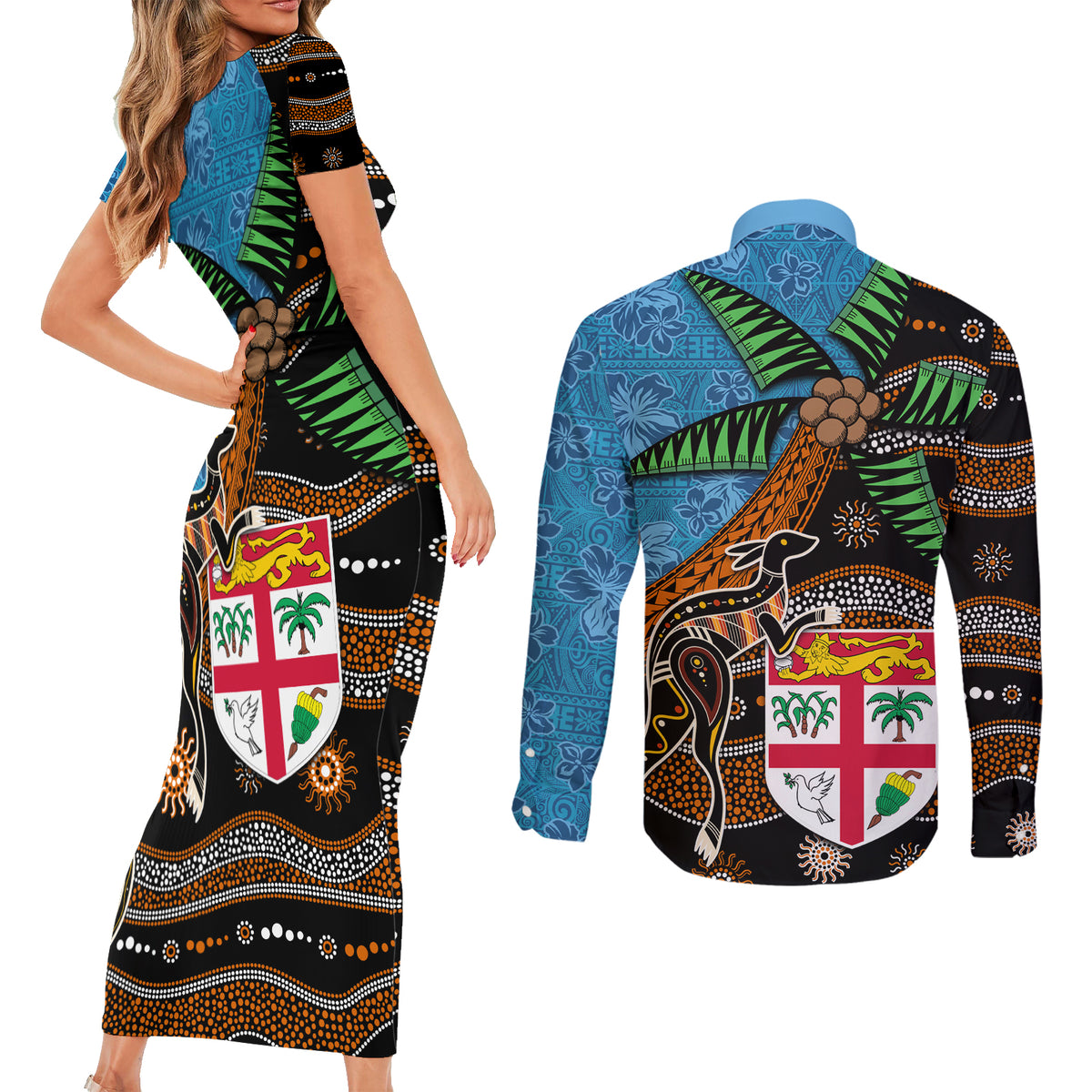 Fiji and Australia Couples Matching Short Sleeve Bodycon Dress and Long Sleeve Button Shirt Fijian and Aboriginal mix Culture LT03 - Polynesian Pride