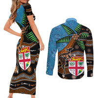 Fiji and Australia Couples Matching Short Sleeve Bodycon Dress and Long Sleeve Button Shirt Fijian and Aboriginal mix Culture LT03 - Polynesian Pride