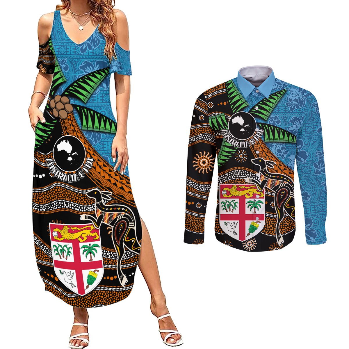 Fiji and Australia Couples Matching Summer Maxi Dress and Long Sleeve Button Shirt Fijian and Aboriginal mix Culture LT03 Blue - Polynesian Pride
