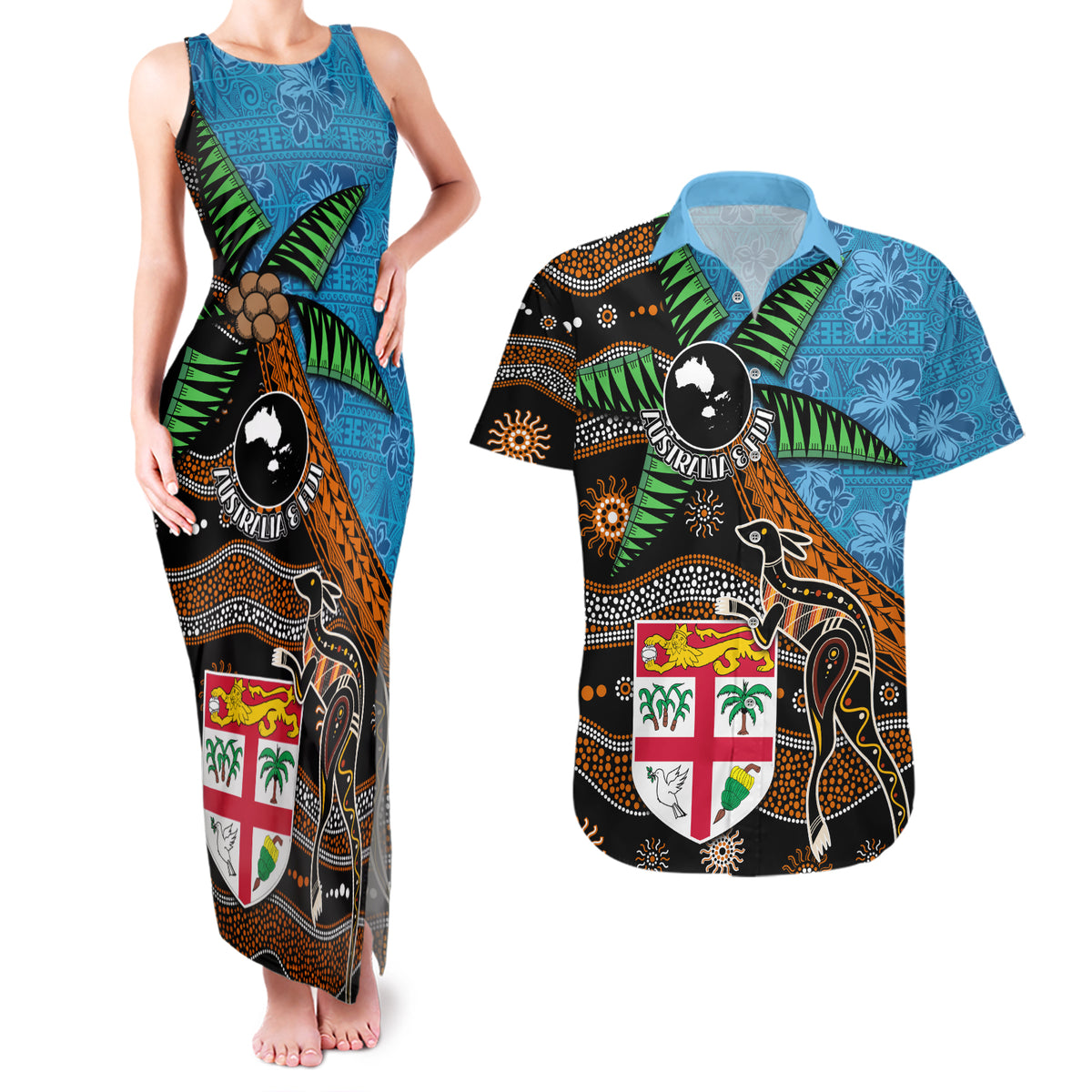 Fiji and Australia Couples Matching Tank Maxi Dress and Hawaiian Shirt Fijian and Aboriginal mix Culture LT03 Blue - Polynesian Pride