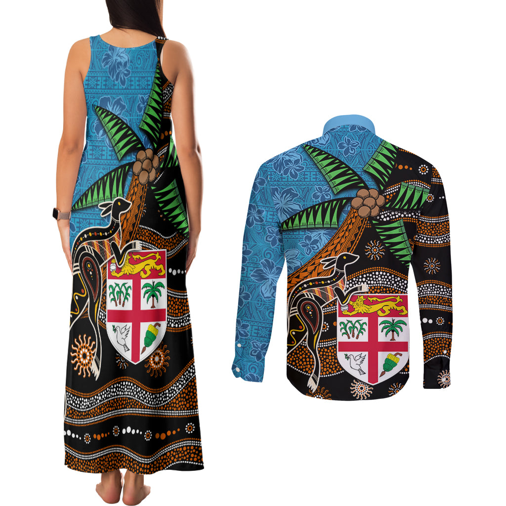 Fiji and Australia Couples Matching Tank Maxi Dress and Long Sleeve Button Shirt Fijian and Aboriginal mix Culture LT03 - Polynesian Pride