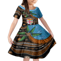 Fiji and Australia Family Matching Long Sleeve Bodycon Dress and Hawaiian Shirt Fijian and Aboriginal mix Culture LT03 Daughter's Dress Blue - Polynesian Pride