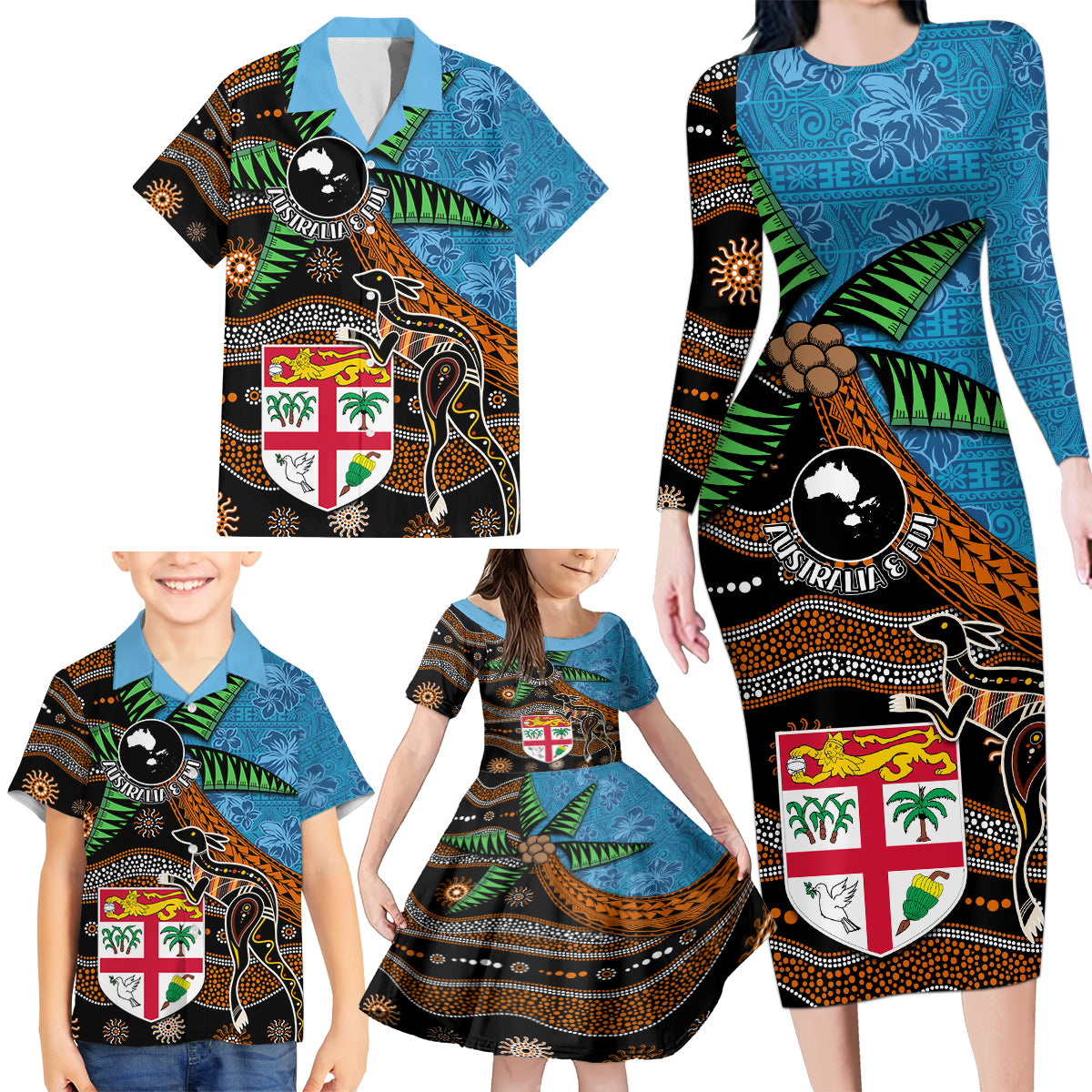 Fiji and Australia Family Matching Long Sleeve Bodycon Dress and Hawaiian Shirt Fijian and Aboriginal mix Culture LT03 - Polynesian Pride