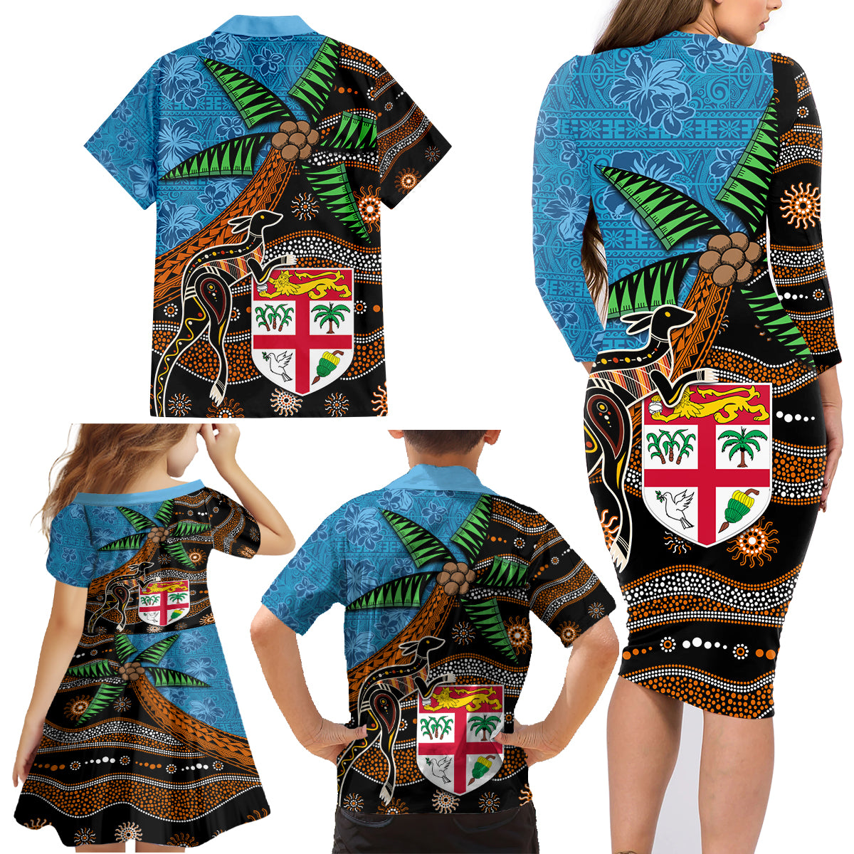 Fiji and Australia Family Matching Long Sleeve Bodycon Dress and Hawaiian Shirt Fijian and Aboriginal mix Culture LT03 - Polynesian Pride
