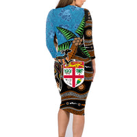 Fiji and Australia Family Matching Long Sleeve Bodycon Dress and Hawaiian Shirt Fijian and Aboriginal mix Culture LT03 - Polynesian Pride