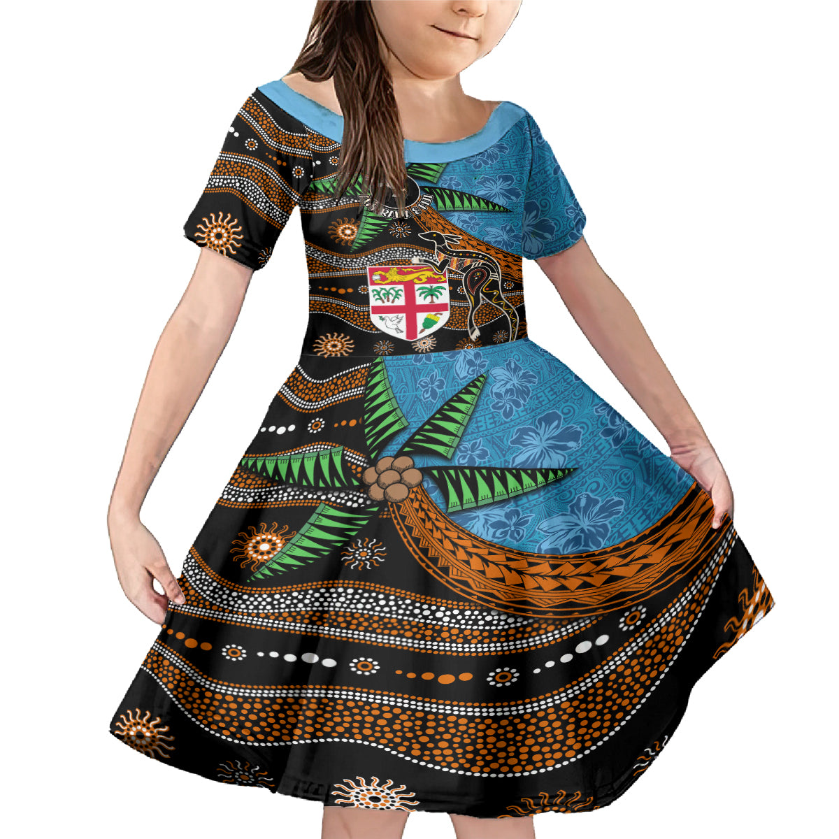 Fiji and Australia Family Matching Mermaid Dress and Hawaiian Shirt Fijian and Aboriginal mix Culture LT03 Daughter's Dress Blue - Polynesian Pride