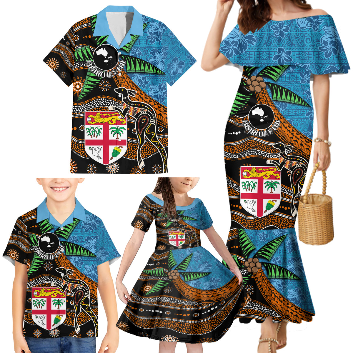 Fiji and Australia Family Matching Mermaid Dress and Hawaiian Shirt Fijian and Aboriginal mix Culture LT03 - Polynesian Pride