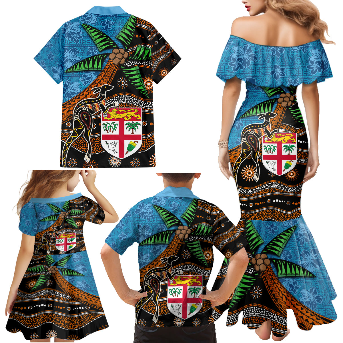 Fiji and Australia Family Matching Mermaid Dress and Hawaiian Shirt Fijian and Aboriginal mix Culture LT03 - Polynesian Pride