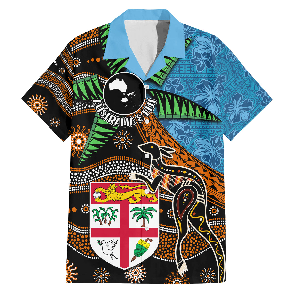 Fiji and Australia Family Matching Mermaid Dress and Hawaiian Shirt Fijian and Aboriginal mix Culture LT03 Dad's Shirt - Short Sleeve Blue - Polynesian Pride