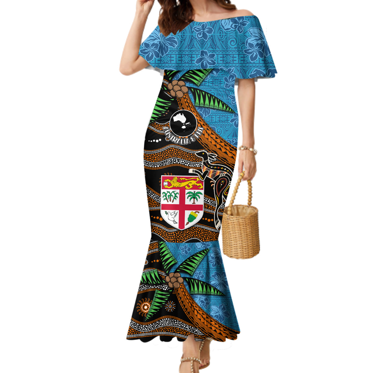 Fiji and Australia Family Matching Mermaid Dress and Hawaiian Shirt Fijian and Aboriginal mix Culture LT03 Mom's Dress Blue - Polynesian Pride