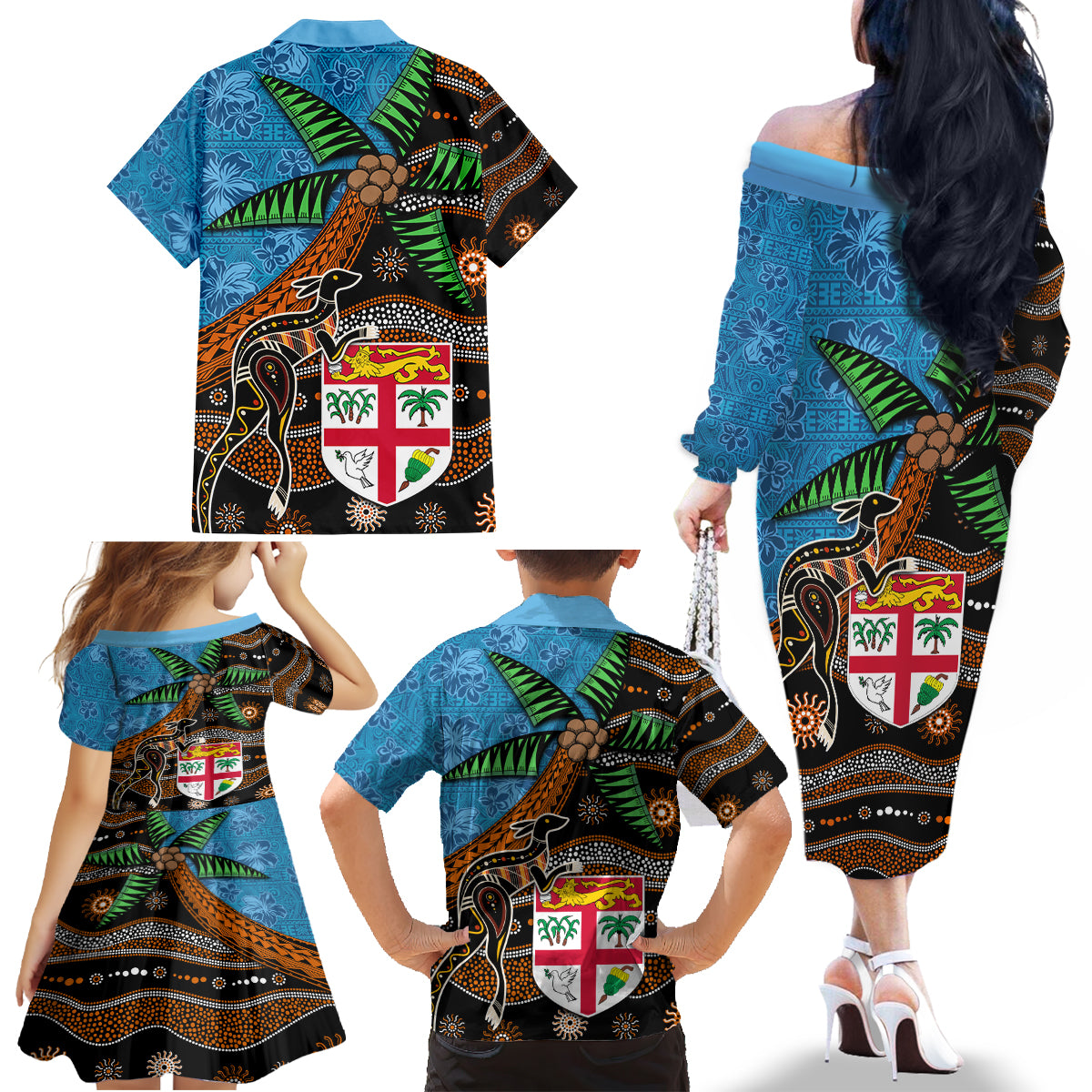 Fiji and Australia Family Matching Off The Shoulder Long Sleeve Dress and Hawaiian Shirt Fijian and Aboriginal mix Culture LT03 - Polynesian Pride