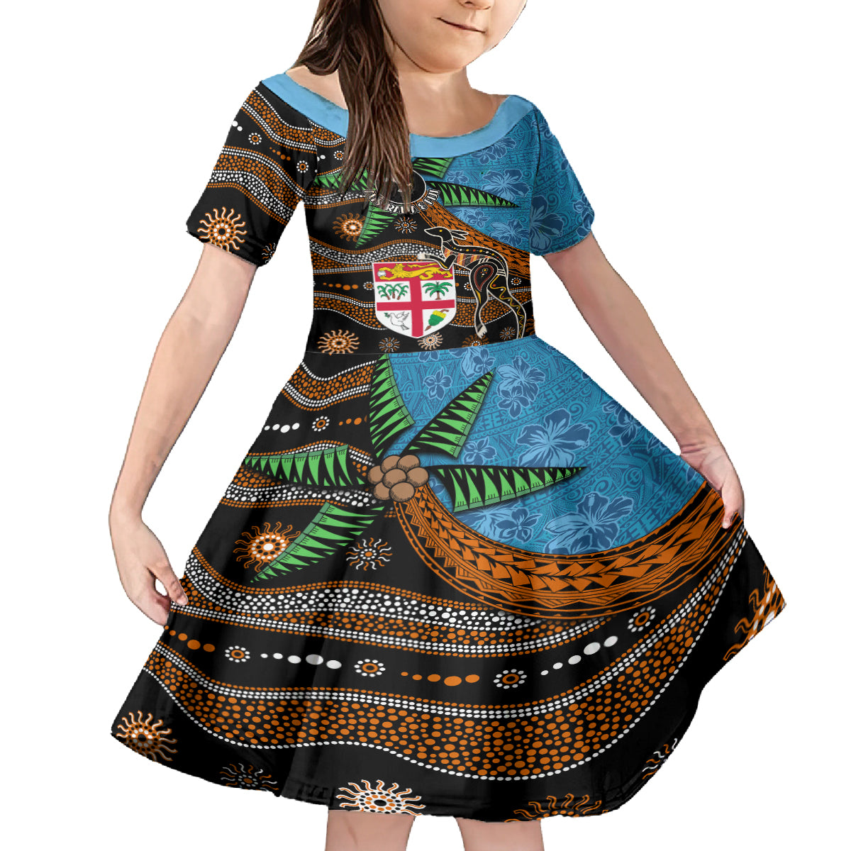Fiji and Australia Family Matching Off Shoulder Maxi Dress and Hawaiian Shirt Fijian and Aboriginal mix Culture LT03 Daughter's Dress Blue - Polynesian Pride