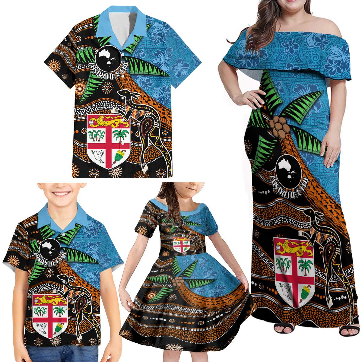 Fiji and Australia Family Matching Off Shoulder Maxi Dress and Hawaiian Shirt Fijian and Aboriginal mix Culture LT03 - Polynesian Pride