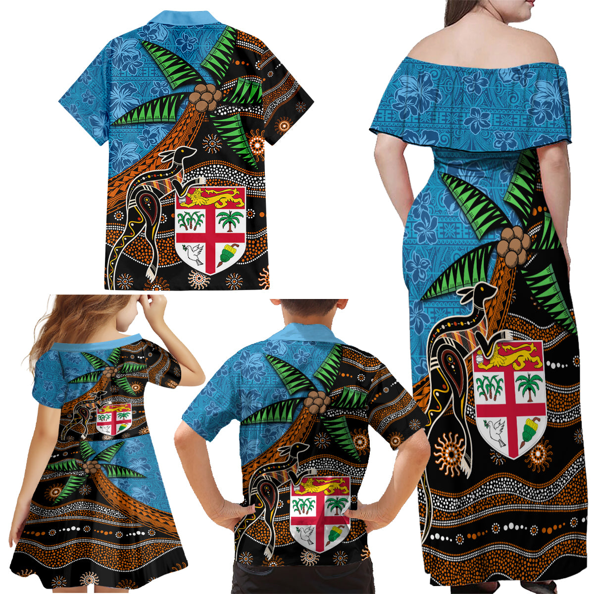 Fiji and Australia Family Matching Off Shoulder Maxi Dress and Hawaiian Shirt Fijian and Aboriginal mix Culture LT03 - Polynesian Pride