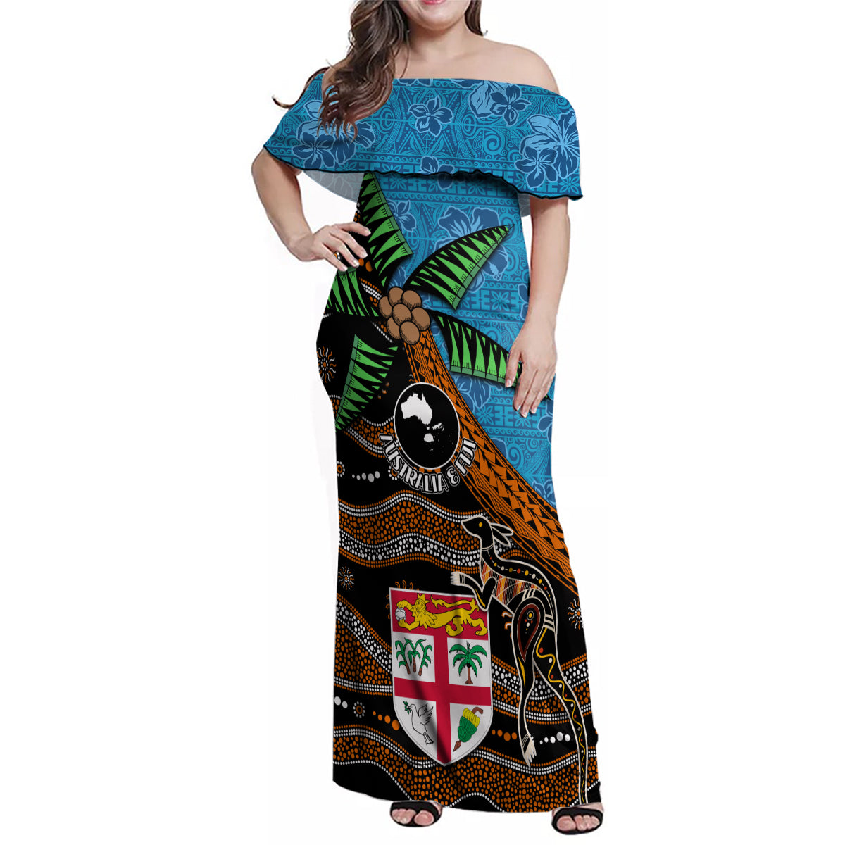Fiji and Australia Family Matching Off Shoulder Maxi Dress and Hawaiian Shirt Fijian and Aboriginal mix Culture LT03 Mom's Dress Blue - Polynesian Pride