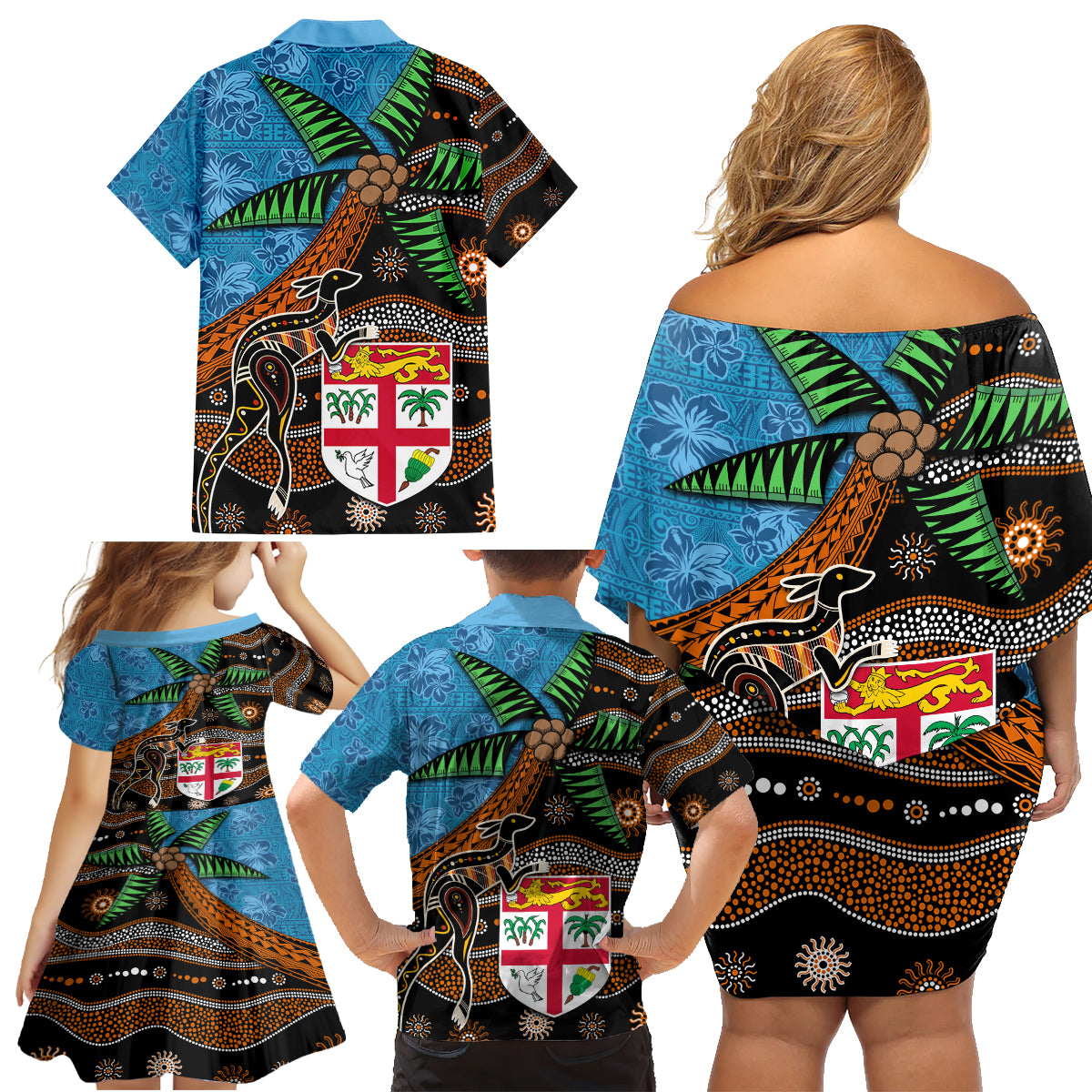 Fiji and Australia Family Matching Off Shoulder Short Dress and Hawaiian Shirt Fijian and Aboriginal mix Culture LT03 - Polynesian Pride