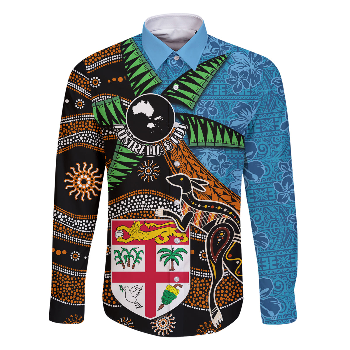 Fiji and Australia Family Matching Off Shoulder Short Dress and Hawaiian Shirt Fijian and Aboriginal mix Culture LT03 Dad's Shirt - Long Sleeve Blue - Polynesian Pride