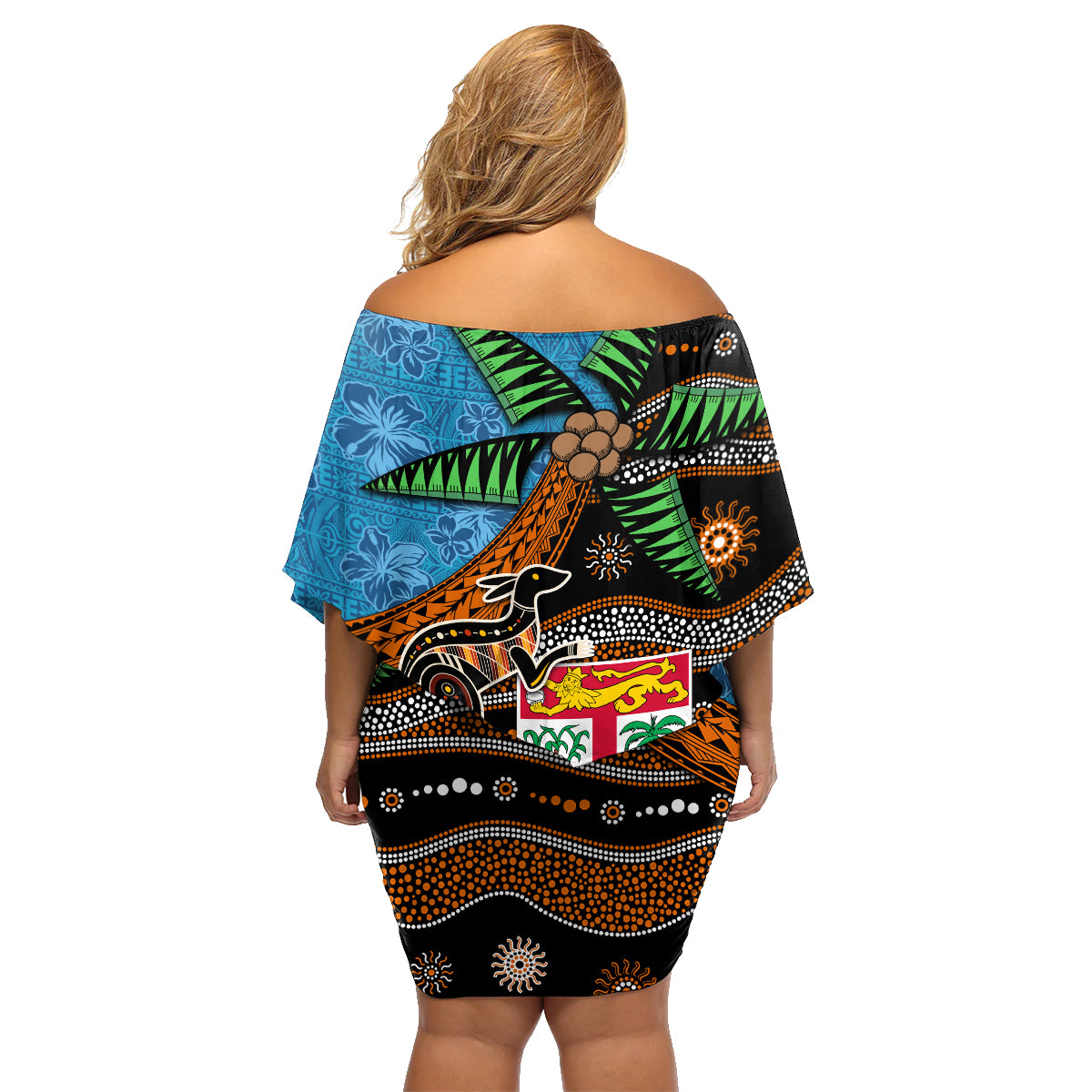 Fiji and Australia Family Matching Off Shoulder Short Dress and Hawaiian Shirt Fijian and Aboriginal mix Culture LT03 - Polynesian Pride