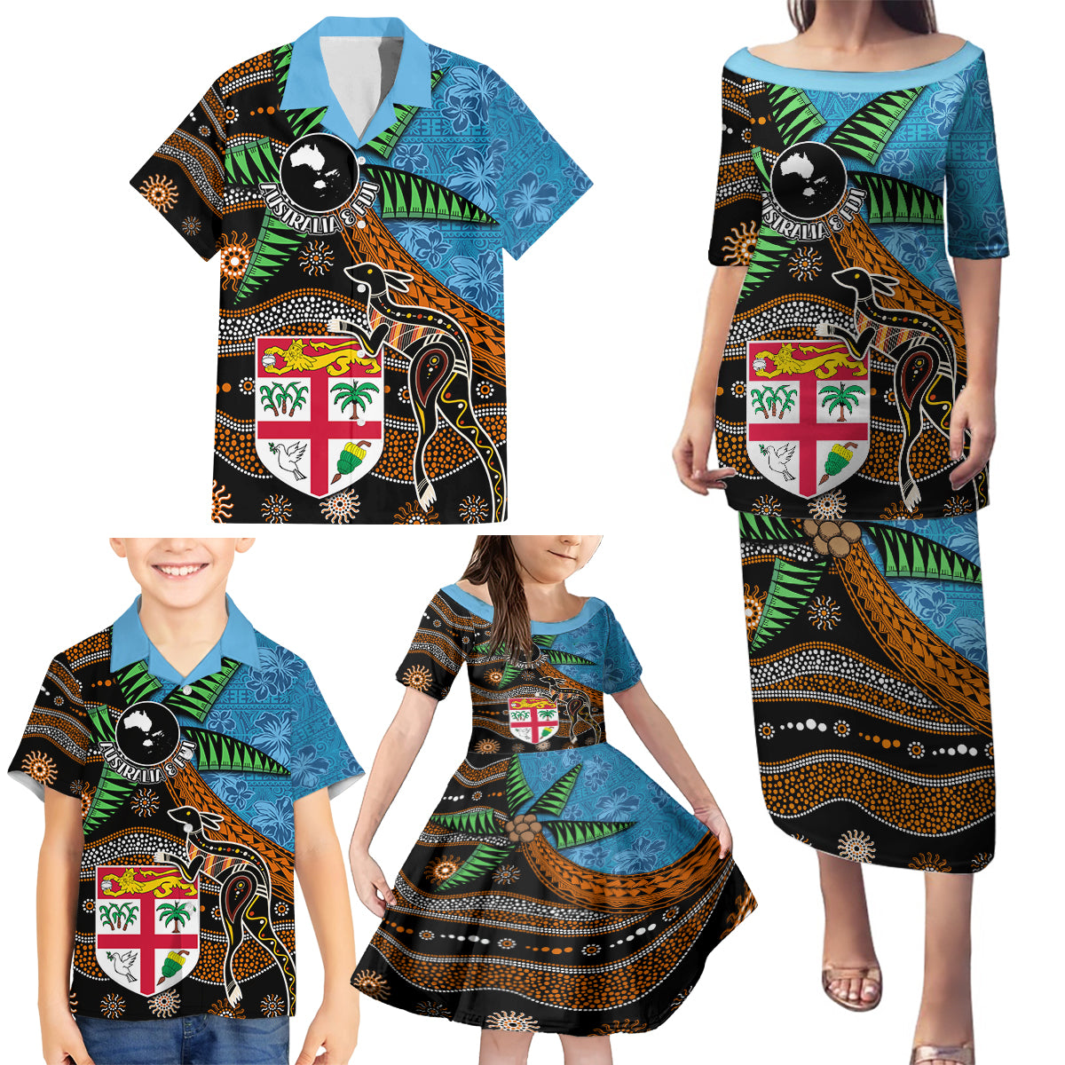 Fiji and Australia Family Matching Puletasi and Hawaiian Shirt Fijian and Aboriginal mix Culture LT03 - Polynesian Pride