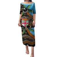 Fiji and Australia Family Matching Puletasi and Hawaiian Shirt Fijian and Aboriginal mix Culture LT03 Mom's Dress Blue - Polynesian Pride