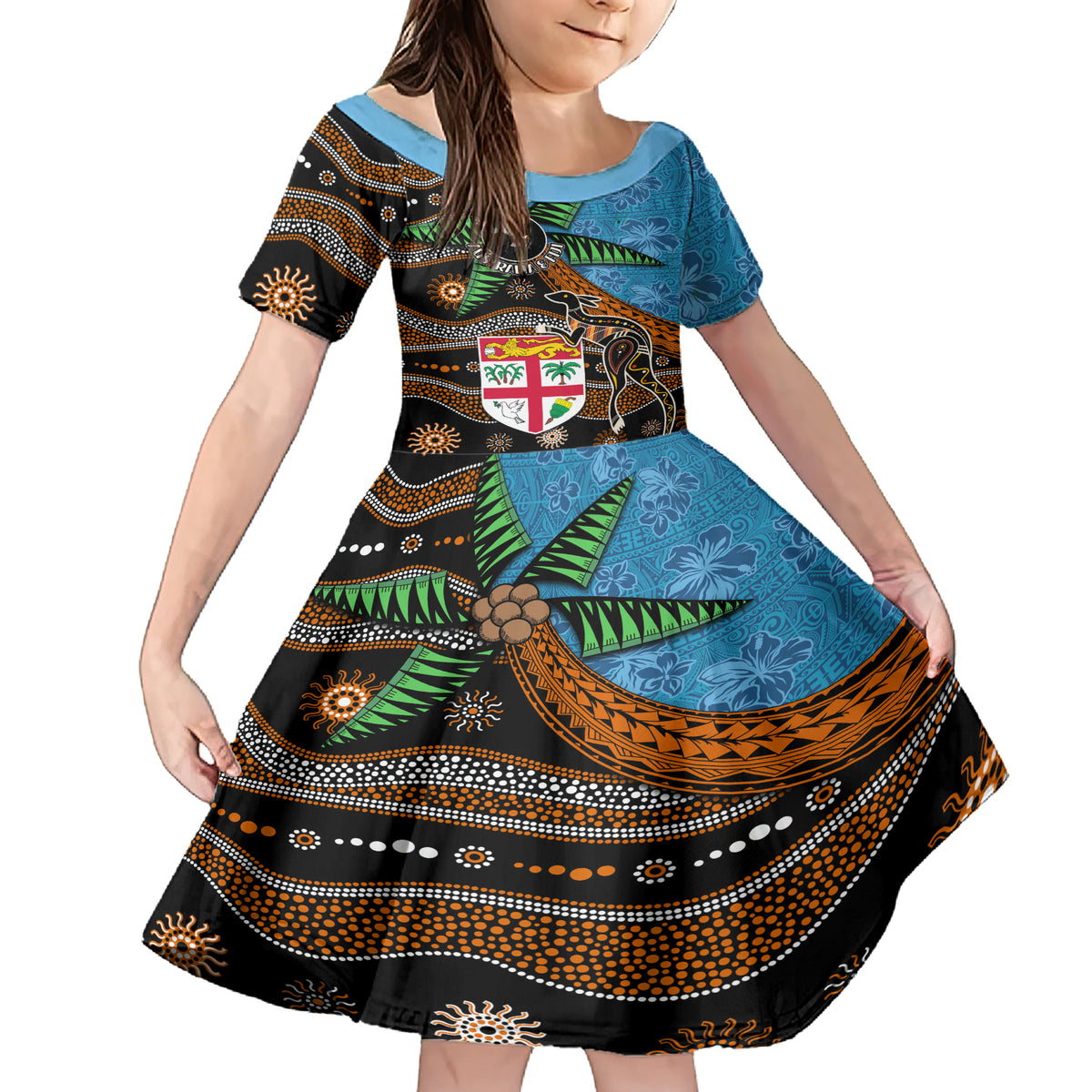 Fiji and Australia Family Matching Short Sleeve Bodycon Dress and Hawaiian Shirt Fijian and Aboriginal mix Culture LT03 Daughter's Dress Blue - Polynesian Pride